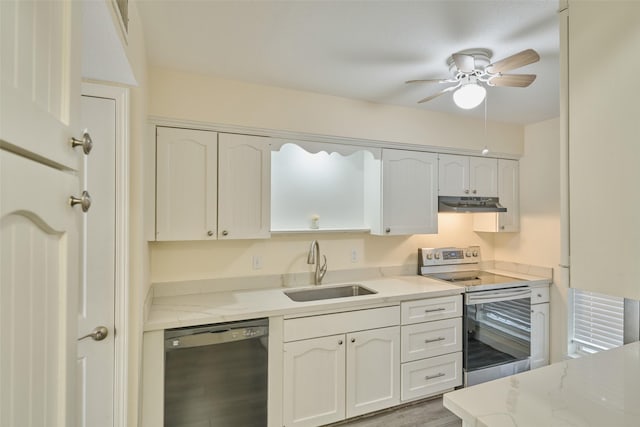 kitchen featuring sink, dishwasher, white cabinetry, light stone countertops, and stainless steel electric stove