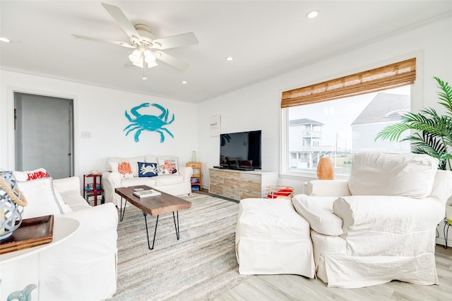 living room featuring ceiling fan and light wood-type flooring