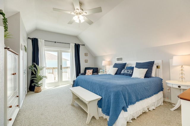 carpeted bedroom featuring ceiling fan, access to exterior, and lofted ceiling