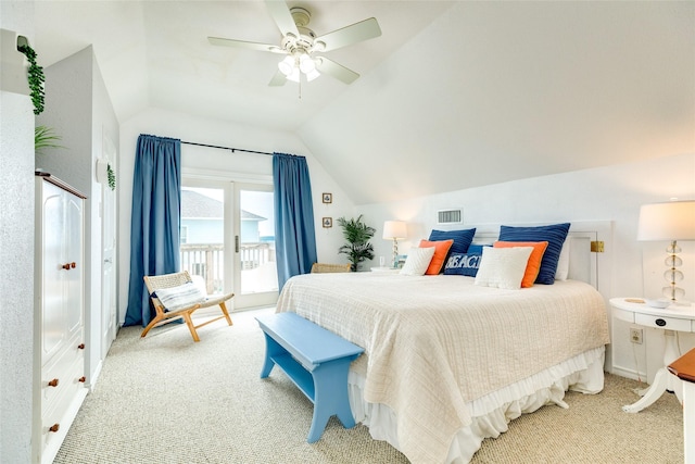 bedroom featuring access to outside, light carpet, ceiling fan, and lofted ceiling