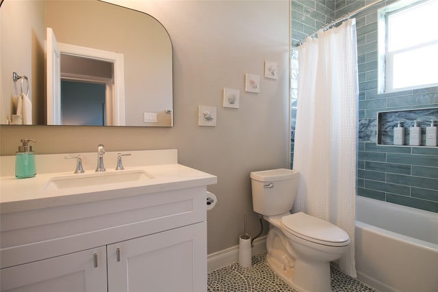 full bathroom with tile patterned floors, vanity, toilet, and shower / tub combo with curtain