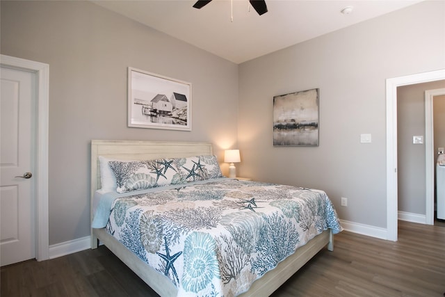 bedroom featuring dark hardwood / wood-style flooring and ceiling fan