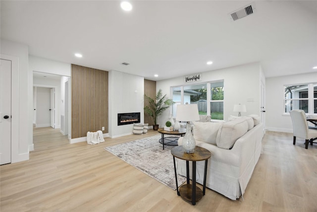 living room with a fireplace and light hardwood / wood-style flooring