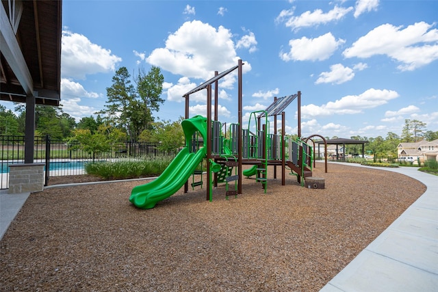 view of playground with a fenced in pool