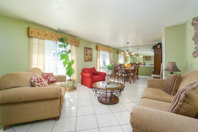 tiled living room with a textured ceiling