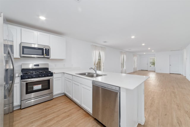 kitchen featuring kitchen peninsula, stainless steel appliances, white cabinets, and sink