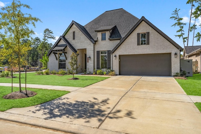 view of front of home with a front lawn and a garage