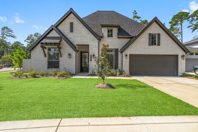 view of front of property with a garage and a front lawn