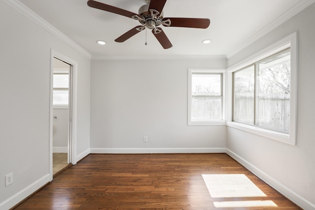 unfurnished room featuring ceiling fan, dark hardwood / wood-style flooring, and ornamental molding