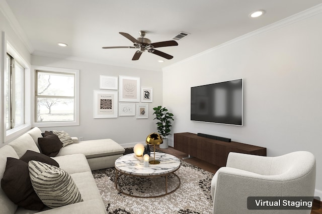 10906 Chimney Rock Rd, Houston, TX 77096 - living room with wood finished floors, a ceiling fan, recessed lighting, ornamental molding, and baseboards