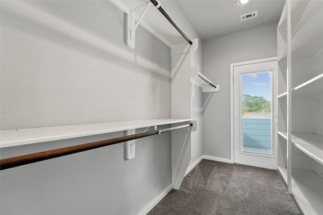 walk in closet featuring dark colored carpet