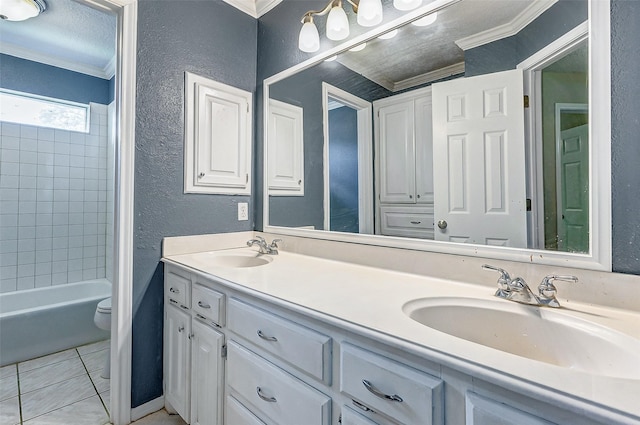 full bathroom featuring tile patterned floors, ornamental molding, bathtub / shower combination, vanity, and toilet