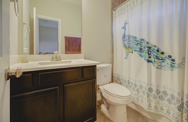 bathroom with tile patterned floors, vanity, toilet, and a shower with shower curtain