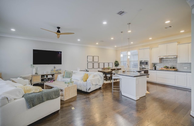 living room featuring dark wood-type flooring, ceiling fan, ornamental molding, and sink