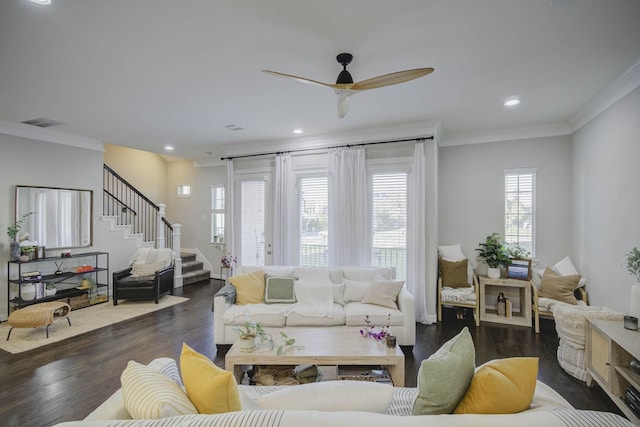 living room with ceiling fan, ornamental molding, and dark wood-type flooring