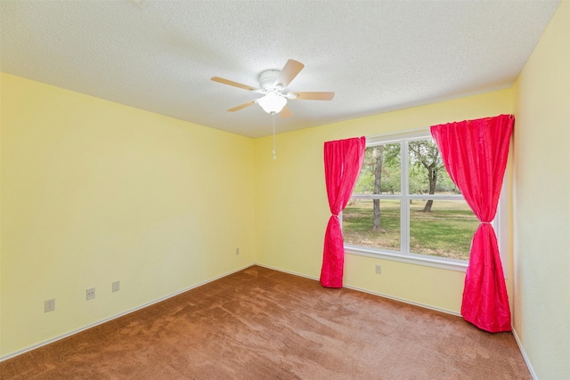 spare room featuring carpet, ceiling fan, and a textured ceiling