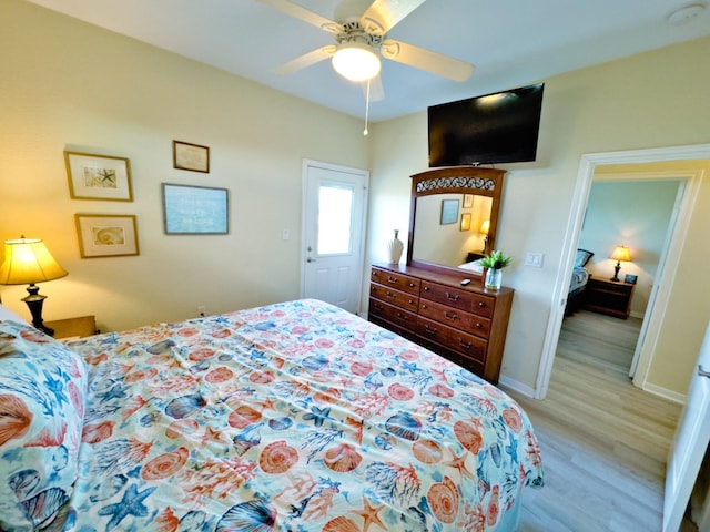 bedroom with ceiling fan and light wood-type flooring