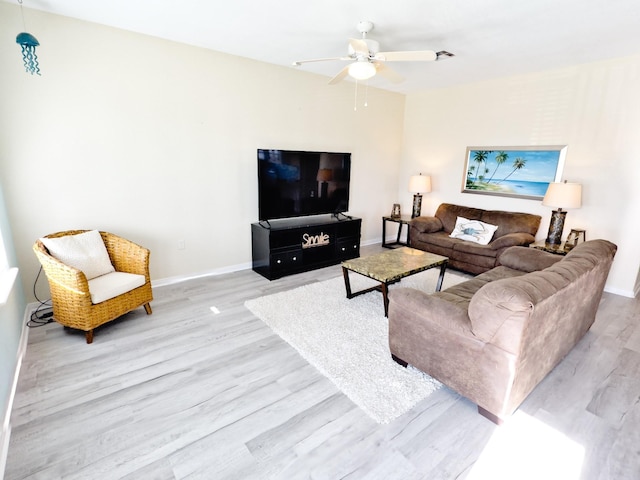 living room with ceiling fan and light hardwood / wood-style flooring