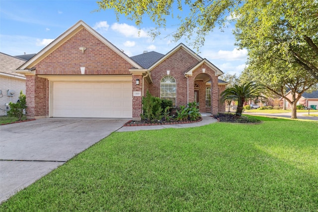 view of front of home with a garage and a front lawn