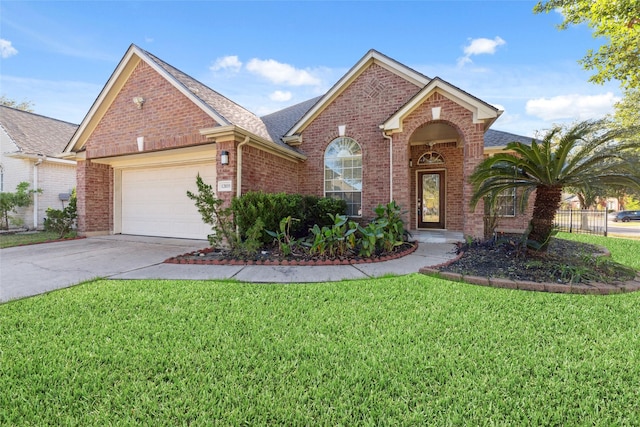 front facade with a front lawn and a garage