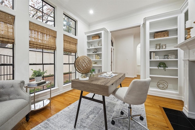 office space with hardwood / wood-style floors and crown molding