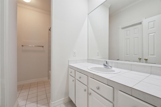 bathroom featuring tile patterned floors, vanity, ornamental molding, and shower / washtub combination