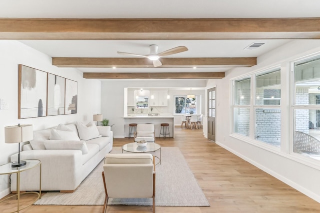 living room featuring ceiling fan, beamed ceiling, and light wood-type flooring