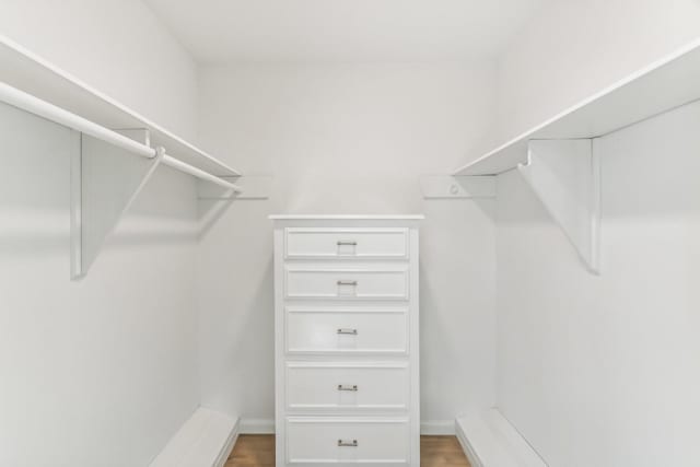 walk in closet with dark wood-type flooring