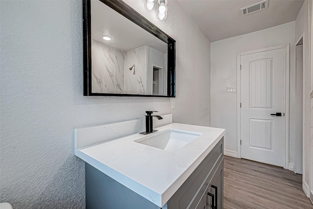 bathroom with hardwood / wood-style floors and vanity