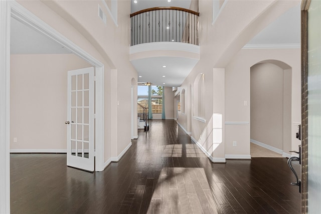 foyer entrance featuring a high ceiling and dark wood-type flooring