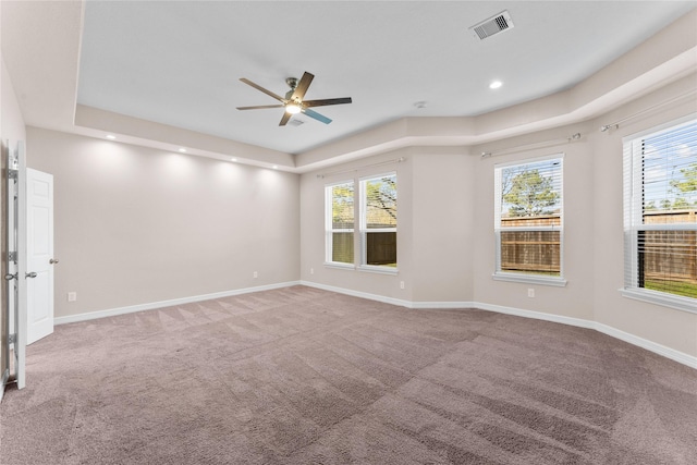 carpeted empty room with a wealth of natural light, ceiling fan, and a tray ceiling