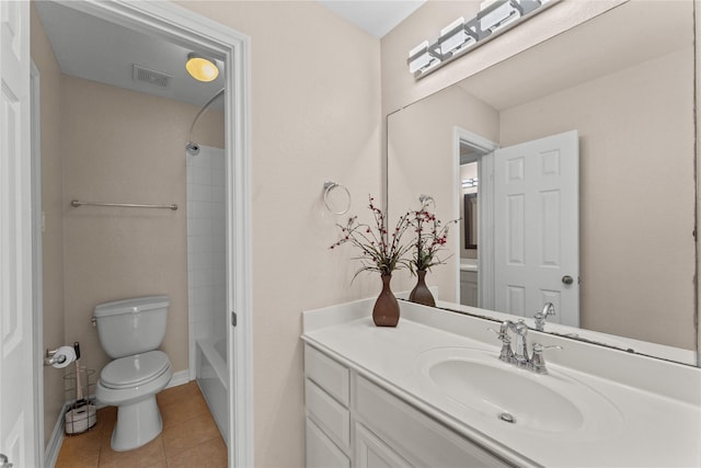 full bathroom with tile patterned flooring, vanity, bathing tub / shower combination, and toilet