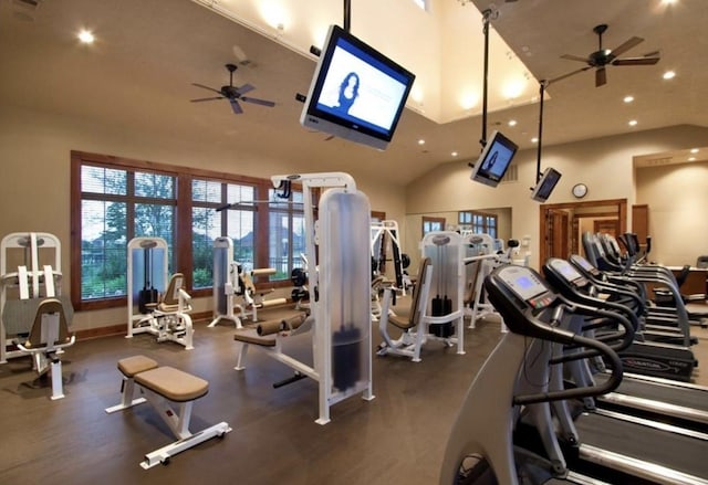 workout area featuring ceiling fan and vaulted ceiling