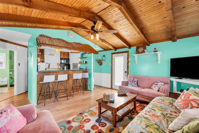 living room featuring lofted ceiling with beams, ceiling fan, wooden ceiling, and light wood-type flooring