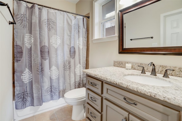 full bathroom featuring vanity, shower / tub combo, tile patterned flooring, and toilet