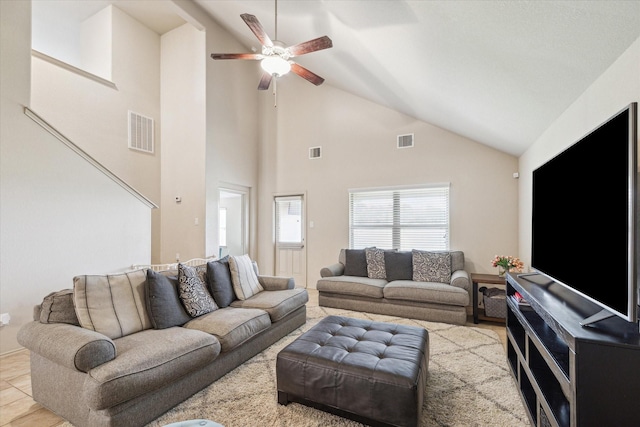 living room featuring ceiling fan and high vaulted ceiling