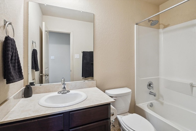 full bathroom with toilet, vanity, and bathing tub / shower combination