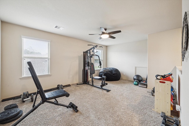 workout room featuring carpet flooring, a wealth of natural light, and ceiling fan