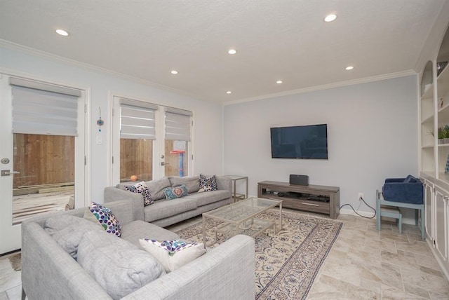 living room with crown molding