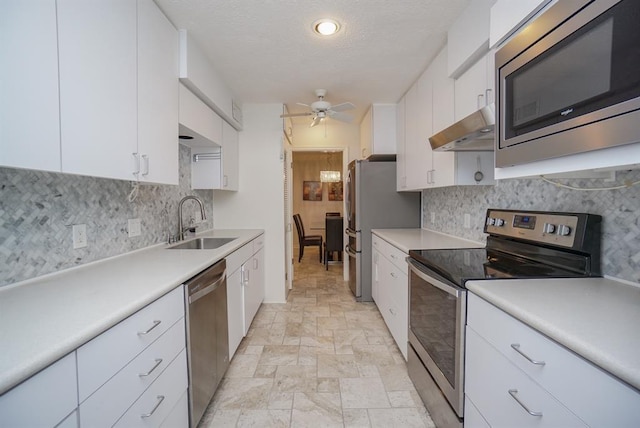 kitchen featuring white cabinetry, ventilation hood, sink, and appliances with stainless steel finishes