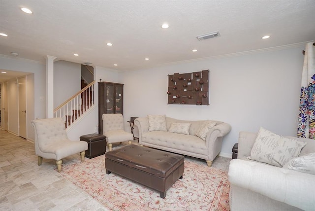 living room with crown molding