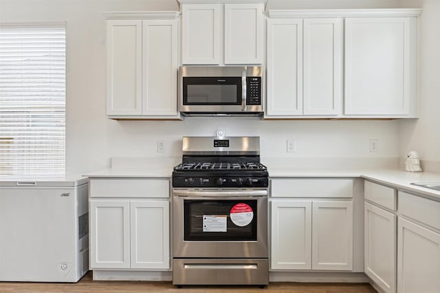 kitchen featuring stainless steel appliances and white cabinetry