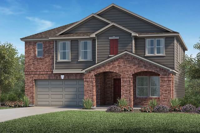 view of front of house with a front yard and a garage