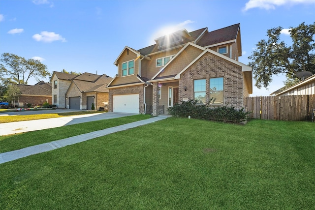 craftsman house featuring a garage and a front lawn