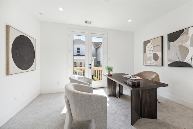 office with recessed lighting, visible vents, and baseboards