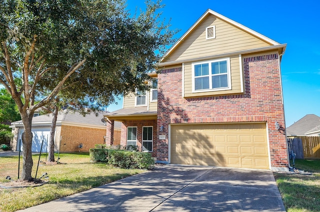 view of front property featuring a garage and a front lawn