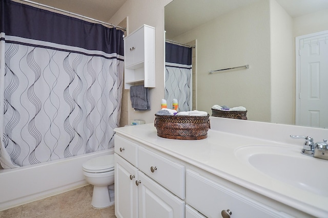 full bathroom with vanity, toilet, and shower / tub combo with curtain