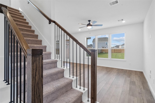 21102 Salton Sea Ln, Cypress, TX 77433 - staircase with ceiling fan, wood finished floors, baseboards, and recessed lighting