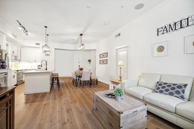 living room featuring crown molding, sink, and light hardwood / wood-style floors