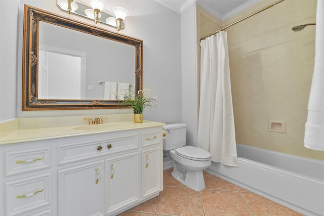 full bathroom with tile patterned floors, shower / bath combination with curtain, toilet, vanity, and ornamental molding